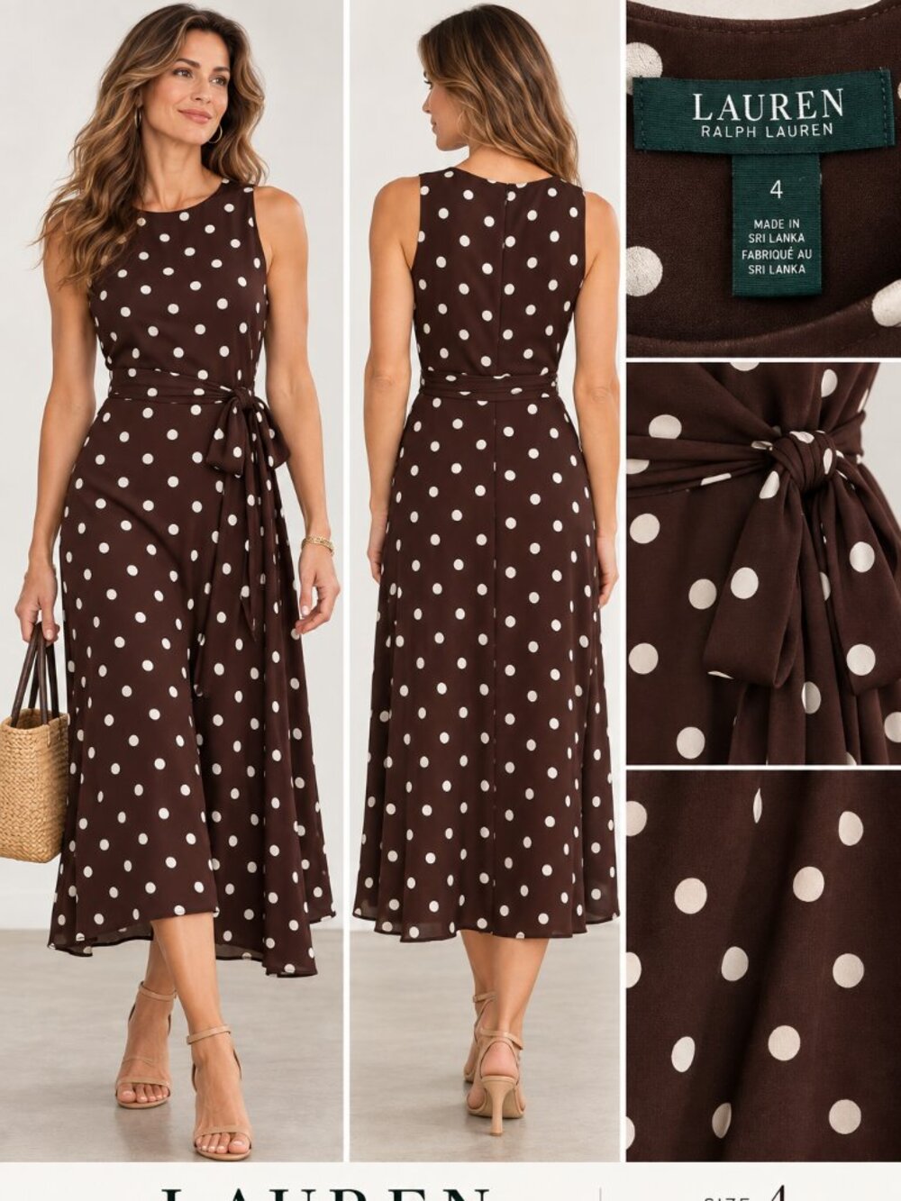 Lauren Ralph Lauren Chocolate Brown Polka Dot Sleeveless Tie-Waist Midi Dress